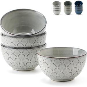 Ceramic Bowls Set of 4, 4.5" Embossment Design Porcelain Soup/Cereal/Rice Bowls for Kitchen, 11.8 Fl Oz Small Bowl Set for Entertaining, Dinner, Housewarming Gift Idea-Grey