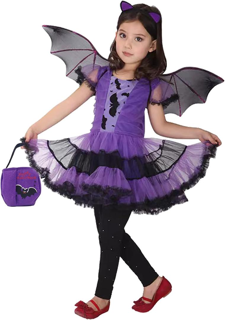Girls Bat Halloween Costume Witch Cosplay Costume Tutu Dress Set for Kids (10-12Y, Bat Purple)