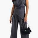 Women's Round Neck Pleated Sleeveless Casual Suit, Sleeveless Crewneck Vest Wide Leg Pantsuit Business Sets with Pocket Dark Gray, XL