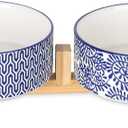 Selamica Ceramic 14 OZ Dog Bowls, Dog Food and Water Bowls with Wooden Stand, Anti-Slip Dogs Dishes Set for Cats & Small Dogs, Weighted Pet Bowls Set of 2, Vintage Blue B