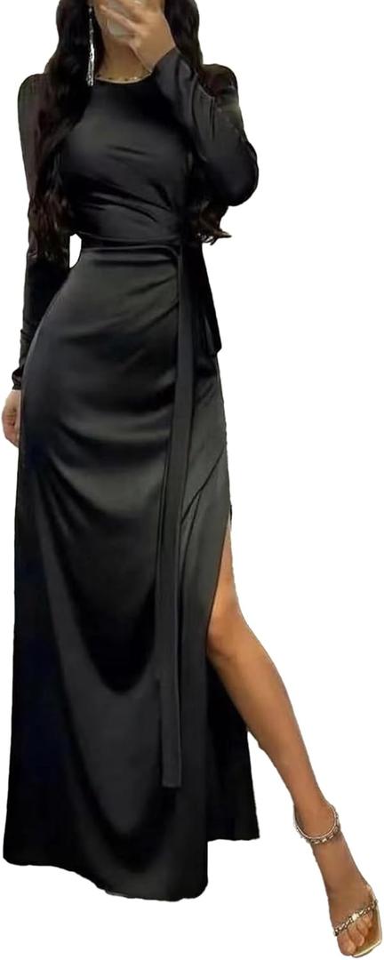 xxxiticat Women's Long Sleeve Satin Dress Formal Cocktail Wedding Guest Elegant Lace Up High Split Ruched Silky Maxi Dress(BL, S) Black