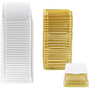 50Pcs Square Plastic Cake Boxes with Lids, 2.73" Clear PET Dessert Containers for Cupcakes, Muffins, Pastries, Bakery Packaging for Wedding, Birthday, Party Favors (gold base)