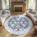 Jinchan Fiora Round Rug 7ft Area Rugs Vintage Floral Distressed Design Machine Washable Non-Slip Low-Pile Ultra-Thin Circle Rug for Living Room Dining Room Bedroom Farmhouse (7' Round, Dark Blue)