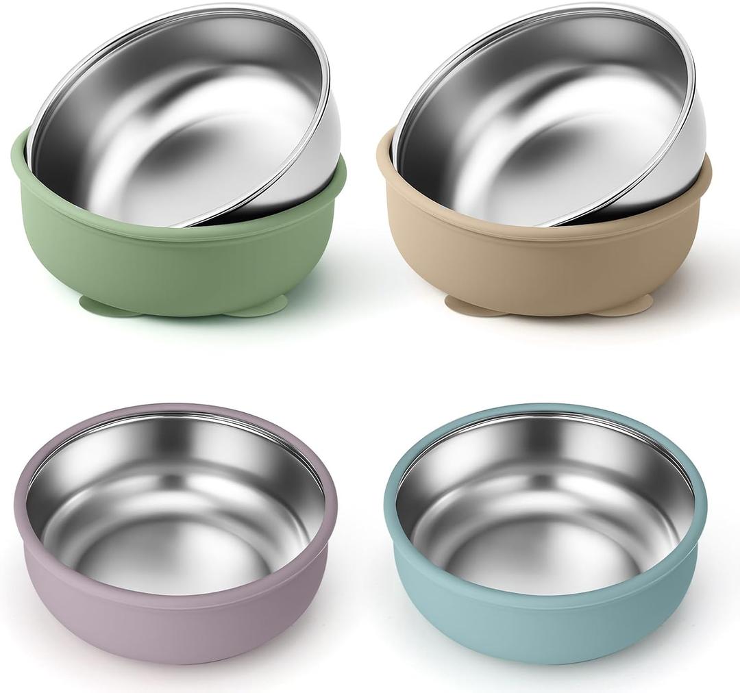 BUSOHA 4 Pack Stainless Steel Baby Bowls with Suction  2-in-1 Toddler Feeding Plates Heat-Resistant Spill-Proof Suction Bowls for Kids Baby Toddler Food Feeding (Green+Blue+Sandy Beige+Purple)