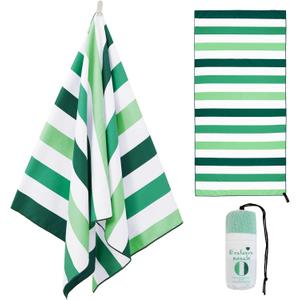 Exclusivo Mezcla Large Quick Dry Beach Towel, Microfiber Sand free Cabana Stripe Pool Bath Swim Towel with Bag, Lightweight and Thin (Forest Green, 30x60 Inches)