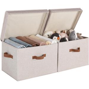 StorageWorks Fabric Storage Bins with lid, Decorative Boxes for Shelves, Closet Organizer Basket with Handles, Jumbo, Brown and Beige, 2-Pack