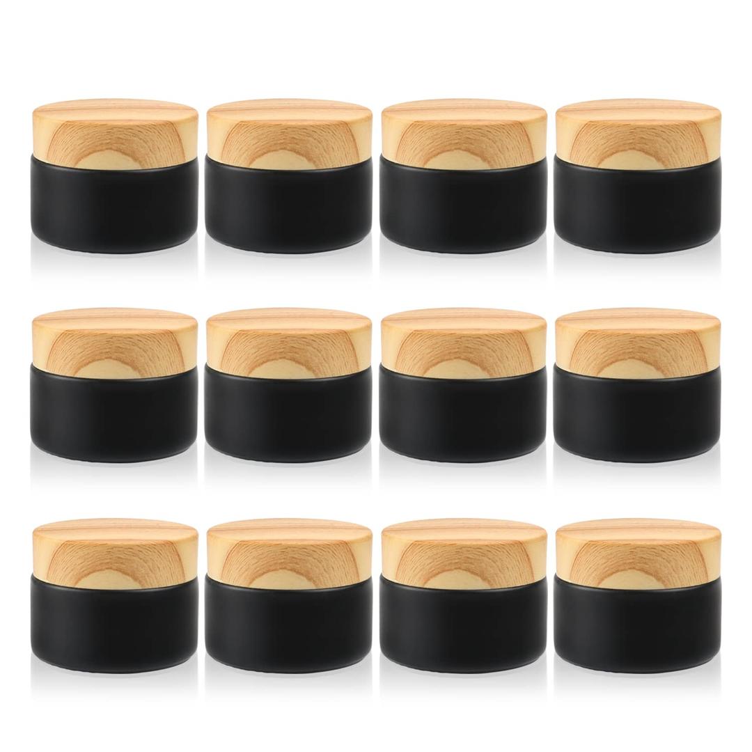 12 Pcs 1 Oz Frosted Cream Jar,Empty Refillable Glass Cosmetic Container Jars Holder with Inner liner,Wood Grain Lid for moisturizer,Foundation,Lotion,Ointment-Black