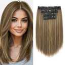 NTYNTY Hair Extensions, 14" Short Clip in Hair Extensions 4PCS Straight Natural Soft Synthetic Hairpiece for Women - Chocolate Brown with Highlights