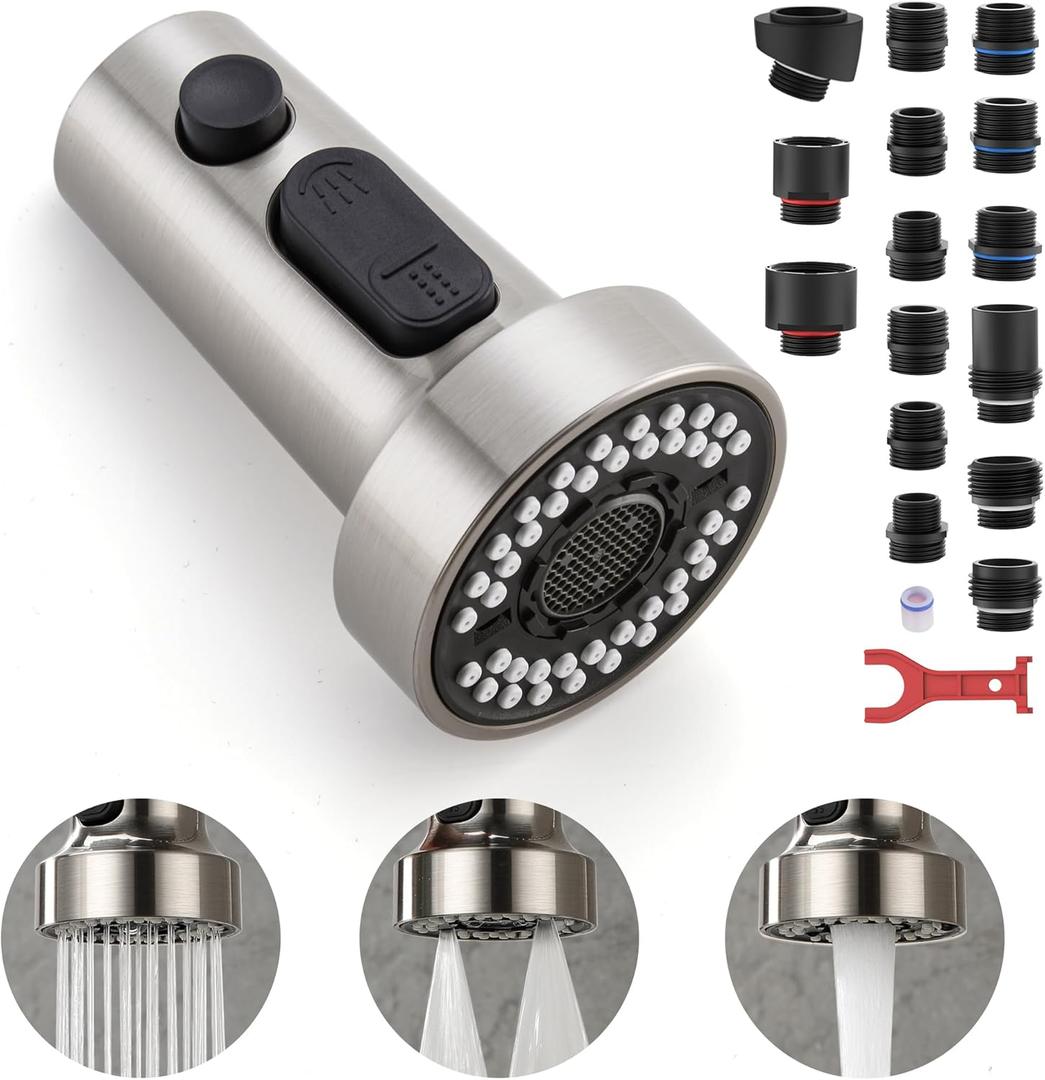 TIORIY Pull Down Spray Head Replacement - for Kitchen Faucet Sprayer Head with 15 Adapters, 3 Function Pull Out Faucet Spray Nozzle, Brushed Nickel
