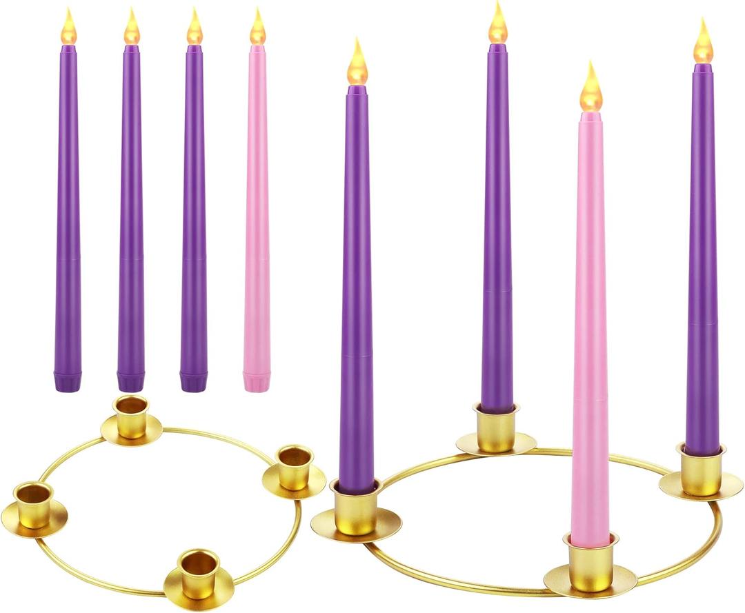 Fovths Christmas Advent Wreath Candle Holder with 4 LED Flameless Taper Candles Advent Candle Holder Ring Christmas Centerpiece Decor for X-mas Holiday Party Decor (Battery not Included)