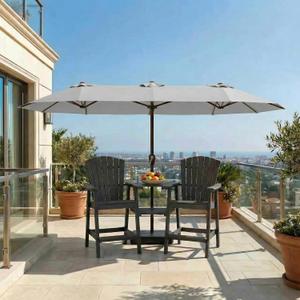 15FT Large Patio Umbrella with Base Included, Double Sided Outdoor Market Umbrella with Flexible Fiberglass Ribs, UV-Blocking Extra Large Umbrella for Garden, Pool, Deck, Light Gray