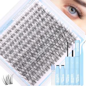 Natural Lash Clusters Kit Invisible Band Eyelash Clusters DIY Lash Extension Kit Wispy Eyelash Extension Kit Clear Band Cluster Lashes with Lash Glue, Brush and Tweezers by ZANLUFLY(8-16mm)