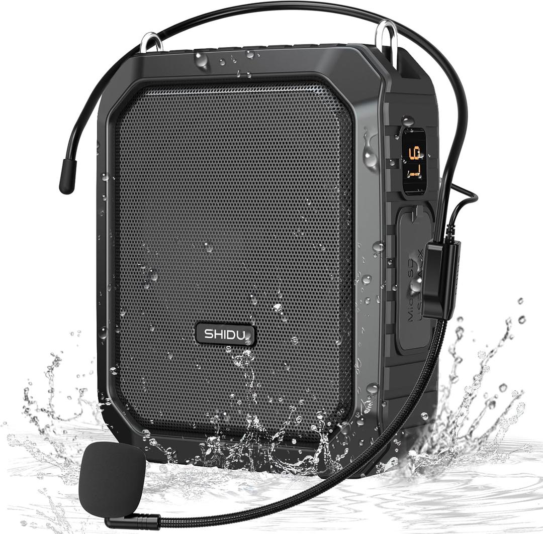 SHIDU Voice Amplifier for Teacher with Portable Microphone and Speaker, 18W Megaphone with Wired Mic Headset, IPX5 Waterproof & Rechargeable Bluetooth Speaker Systems for Tour Guide (NOT Wireless) (Black)
