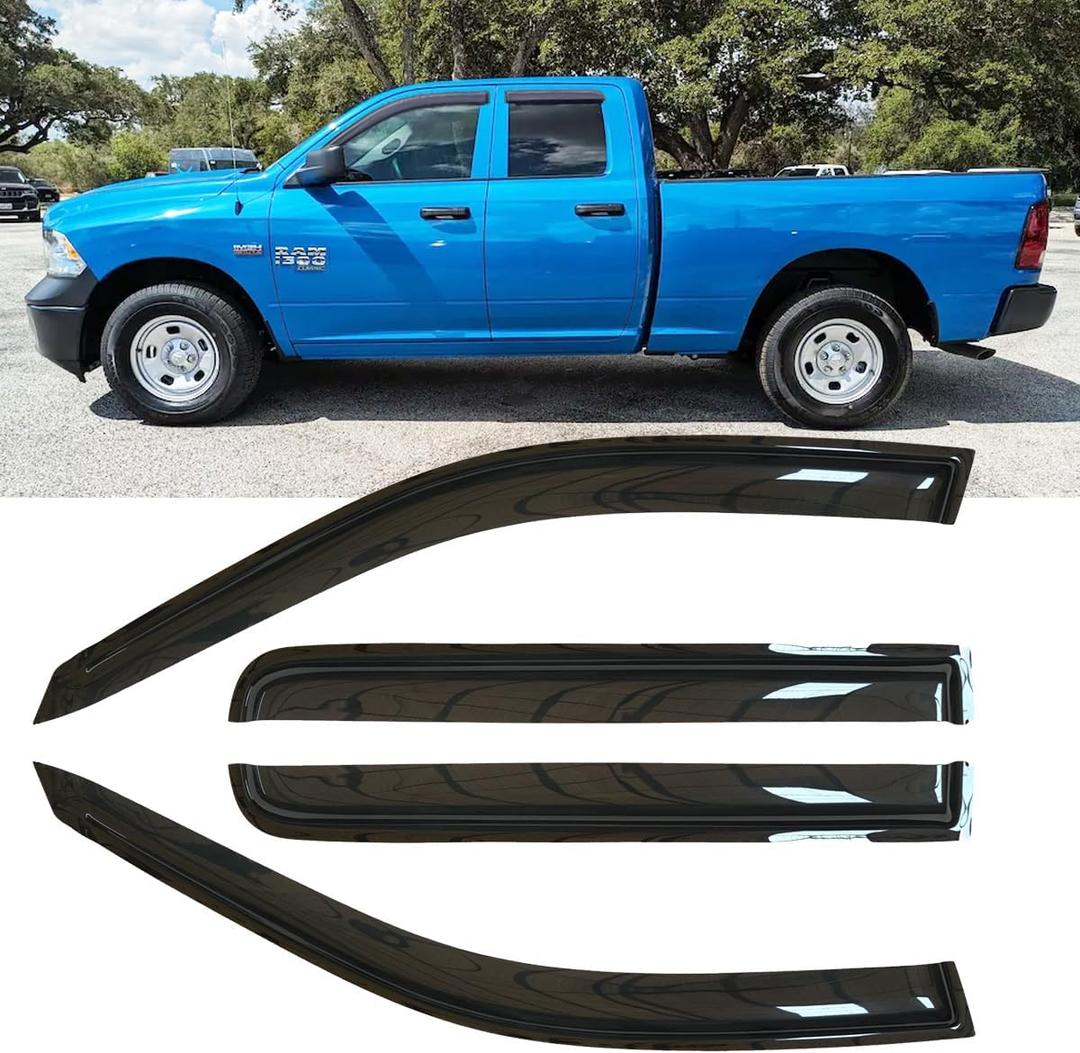 4pcs Original Shatterproof Rainproof Outside Side Window Deflectors & Visors Rain Guard, Dark Smoke, 4pcs Set, Fits for 2019-2024 Ram 1500 Quad Cab (for New Body Style, EXCLUDES 1500 Classic) 94813