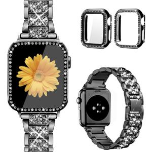 Compatible for Apple Watch Band with Screen Protector Case, Jewelry Replacement Bands 46mm 45mm 44mm 42mm 41mm 40 mm 38mm 2 Pack Protective Cover for iWatch Series 11/10/9/8/7/6/5/4/3/2/1/SE Women (Black)