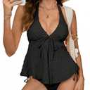 OYOANGLE Women's Tankini Swimsuits Textured Flowy Halter Bikini Set Tummy Control Modest Bathing Suits Black Large
