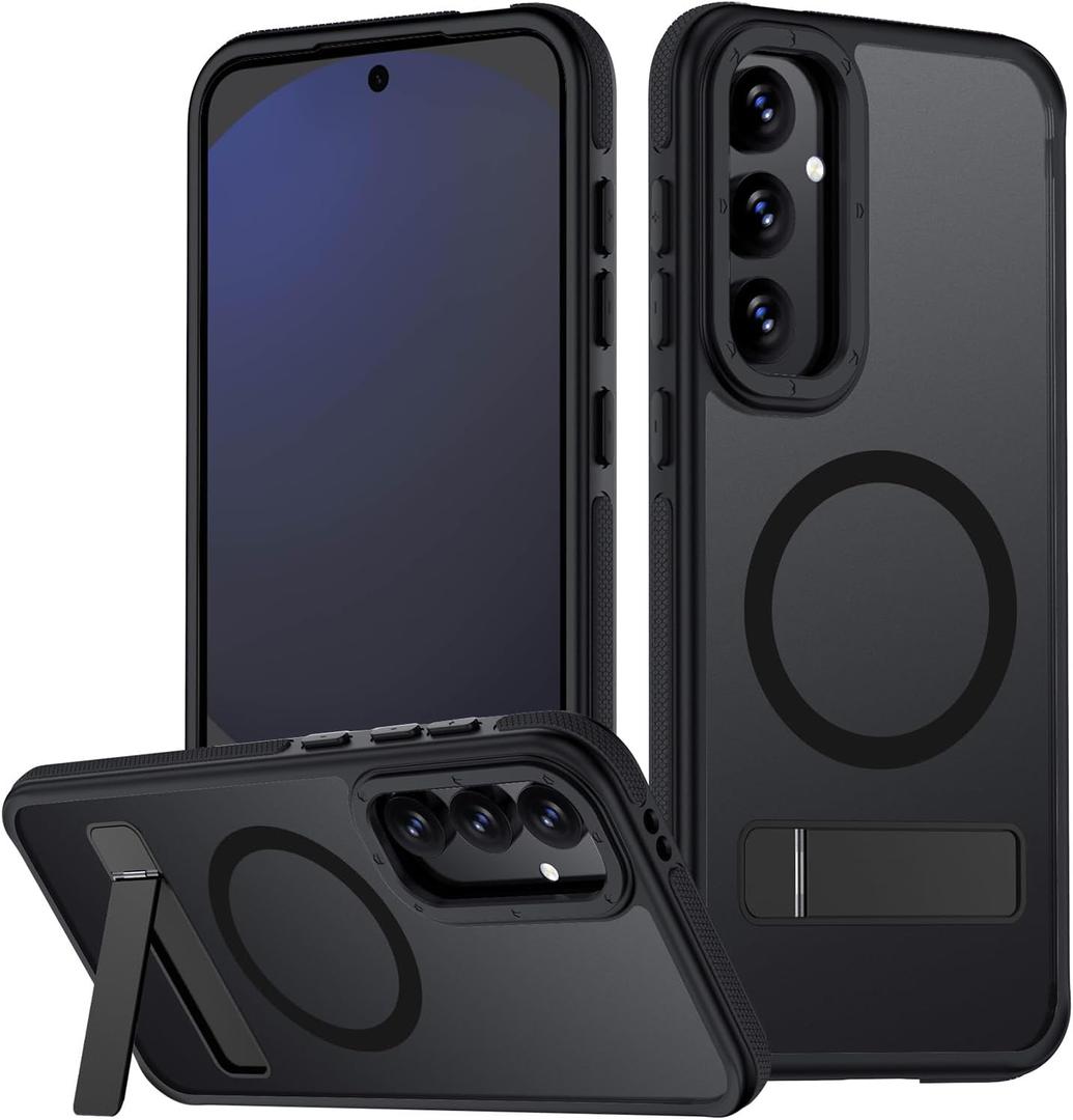 for Samsung Galaxy S24 FE Case, [Compatible with MagSafe], Adjustable Kickstand,Military Grade Drop Tested, Translucent Matte Phone Case for Galaxy S24 FE Case (Black)