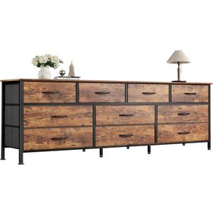 Huuger 63 Inch Dresser for Bedroom, Long Dresser with 10 Fabric Drawers, TV Stand for 55, 65, 70 Inch TV, Toy Storage Organizer for Closet, Rustic Brown