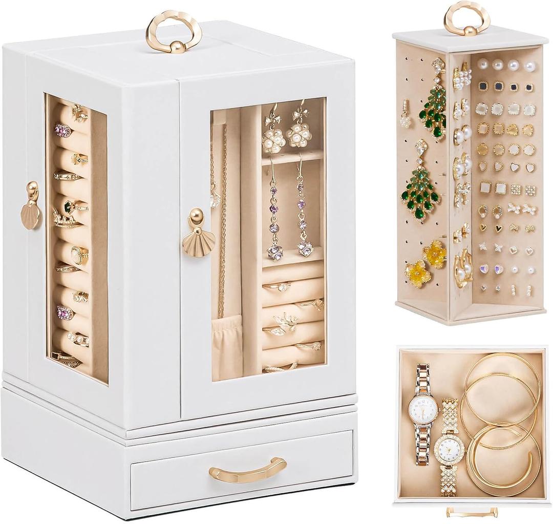 Enthralite Jewelry Box Large for Dresser: Women Necklace Ring Storage Organizer with Compartments - Elegant Earring Holder Display - 360 Rotating Jewelry Organizer with Glass Door
