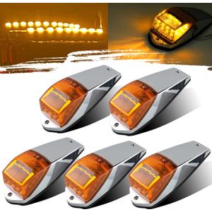 5Pcs Truck Cab Marker Lights 17 LED Amber Cab Roof Top Marker Clearance Running Lights w/Chrome Base Replacement for Peterbilt Kenworth Freightliner Cab Roof Lights Assembly 12V