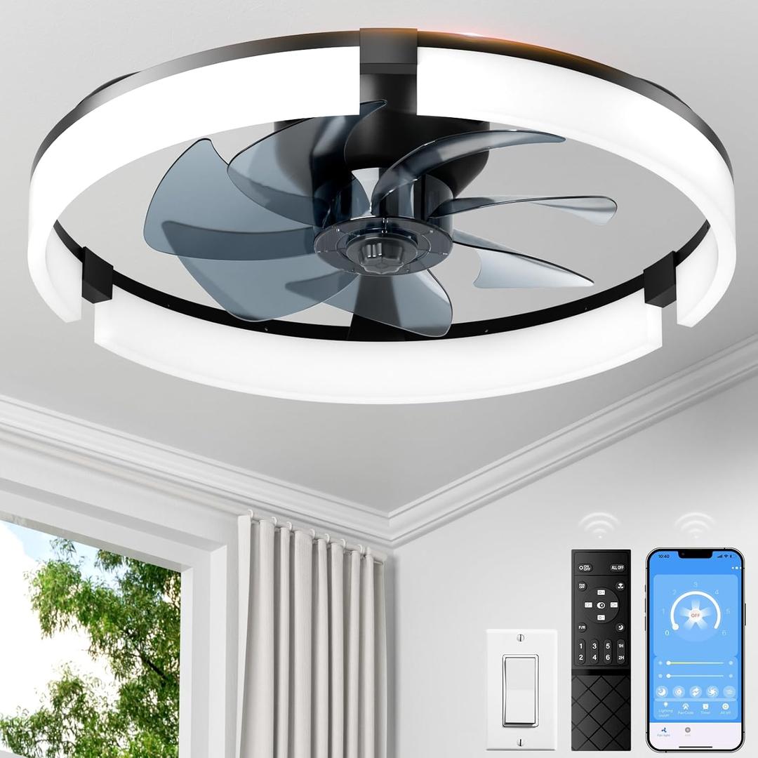 PACOVY Ceiling Fans with Lights and Remote 20 Inch, 3200LM LED & 6-Speed Fan, Low Profile Ceiling Fan Light Fandelier Dimmable 3000K6500K, Quiet Copper Motor, Bedroom Small Flush Mount Ceiling Fan