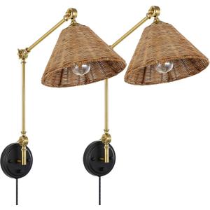 WINGBO Wall Sconce Rattan Wrapped Wall Lamp, Adjustable Swing Arm Wall Light Foldable Gold Light Fixture Vintage Bedside Light Wicker Handmade Shade Reading Light Plug in or Hardwire Gold/Black