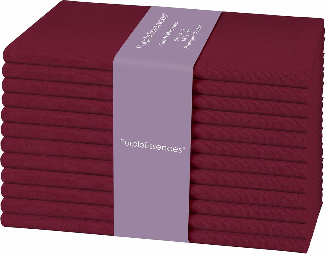 PurpleEssences Set of 12 Cloth Dinner Napkins 100% Cotton 18x18 Inch - Soft Durable Washable - Ideal for Farmhouse Party Spring Easter Summer - Perfect Everyday Use Table Linen - Burgundy