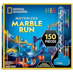 National Geographic Marble Run with Motorized Elevator - 150-Piece Marble Maze Kit with Motorized Spiral Lift, 30 Marbles, Storage Bag & More, Perpetual Motion Machine, Kids Physics Toys
