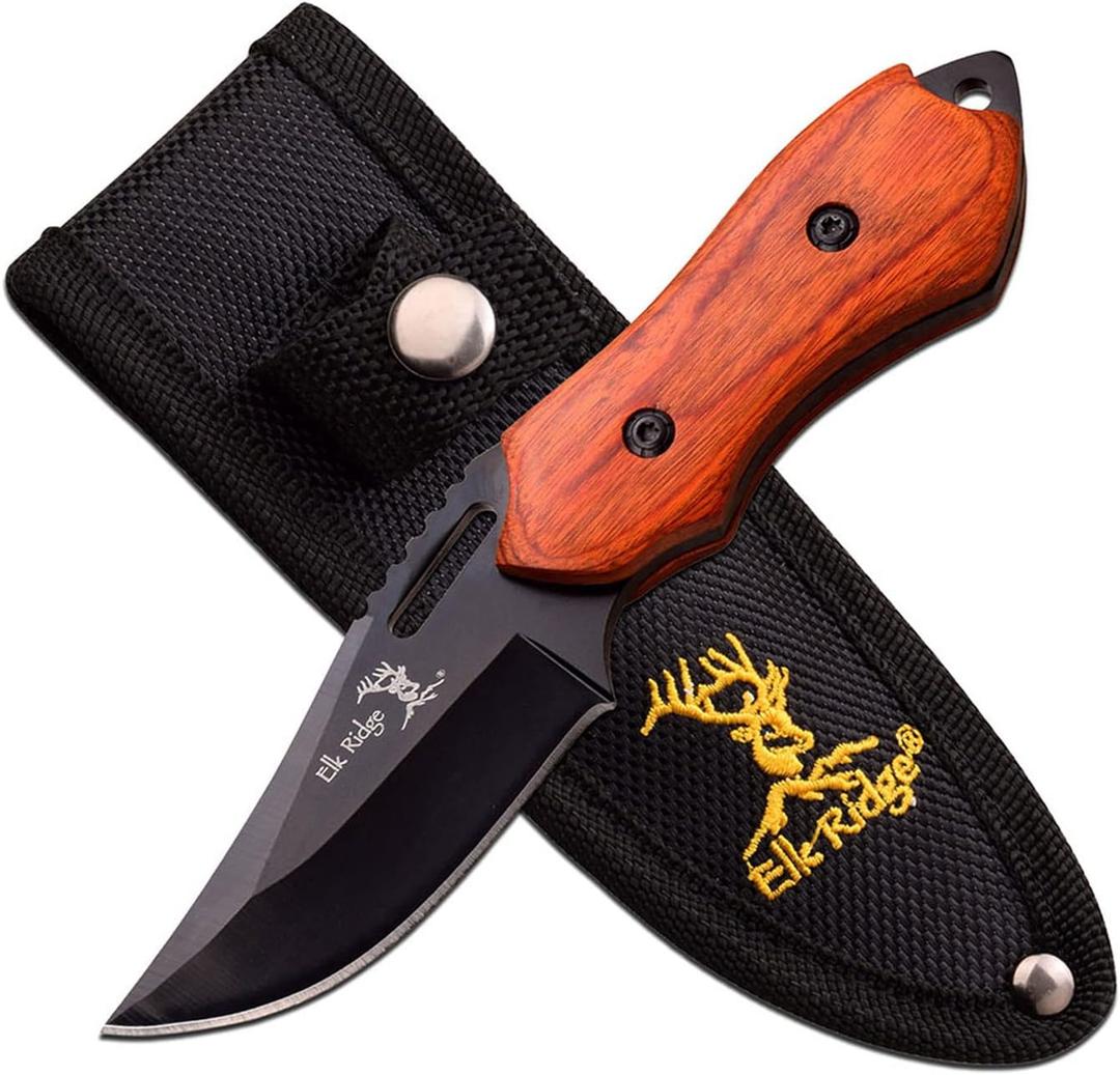 Elk Ridge - Outdoors Fixed Blade Knife - 6-in Overall, 3-in Black Stainless Steel Blade, Wood Handle, 1680D Nylon Sheath - Hunting, Camping, Survival (Wood) (Brown)