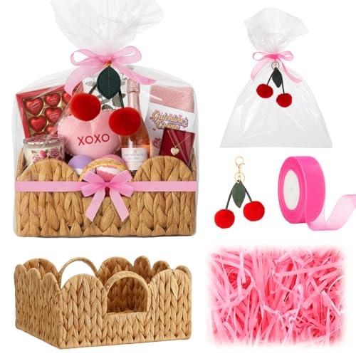Valentines' Day Small Woven Gift Basket Empty Galentines with Gift Bags and Ribbons Raffia Cherry Pendant Storage Basket Decorative for Valentines Birthday Party Supplies 11.02'' x 11.02'' x 5.12''