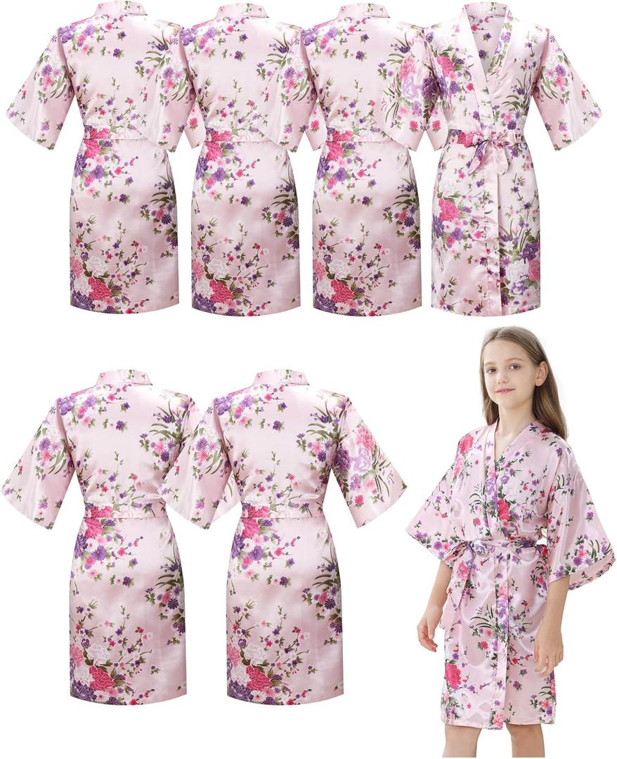 6Pcs Girls Silky Robes Birthday Girl Spa Party Wedding Bridal Party Flower Girl Robe Kimono (10, Pink)