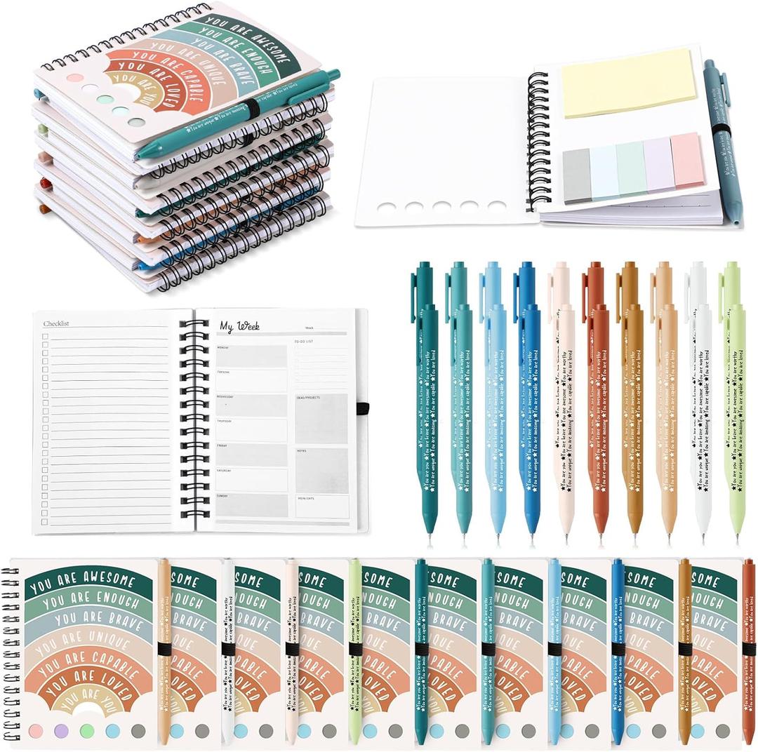 Janlaugh 20 Pcs Mental Health Awareness Gifts Wellness Gifts Bulk Include 10 Mental Health Planners Journals with Sticky Notes 10 Positive Affirmation Pens Self Care Item for Coworker Teacher Student