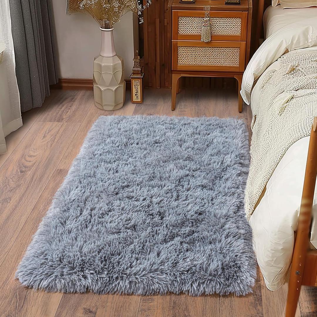 Soft Runner Rugs for Bedroom Hallways, 2x3 Grey Fluffy Shag Throw Area Rug Non Slip for Bedside Dorm, Long Shaggy Furry Carpet for Nursery Living Room (2x3 Feet(1 pc))