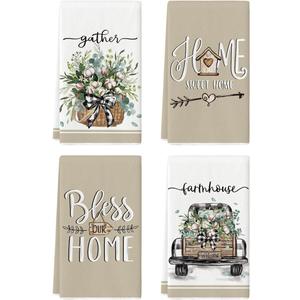 Artoid Mode Eucalyptus Truck Flowers Basket Spring Kitchen Towels Dish Towels, 18x26 Inch Farmhouse Decoration Hand Towels Set of 4