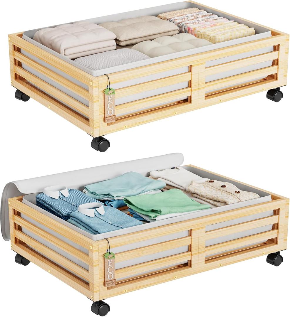 Wisuce Bamboo Under Bed Storage Containers- Underbed Organizer with Wheels with Dust Bag,Sturdy Wood Rolling Under the Bed Shoe Storage Organizer Drawers (Nature, 2 Pack (23.62"16.54"))