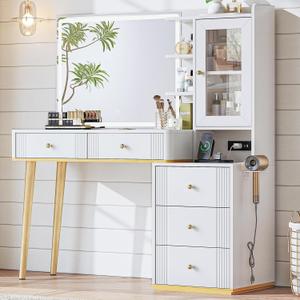 LINSY Vanity with Glass Top, White Makeup Vanity with Storage Drawers, Modern Fluted Vanity Desk with Mirror and Lights, Large Dressing Table with Cabinet and Outlet for Bedroom, Women, Girls