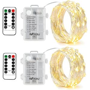 BXROIU 2 x Fairy Lights Battery Operated,Silver Wire Chains 8 Mode 16Ft/5Meter 50 LEDs Timer String Lights with Remote Control for Bedroom Christmas Party Wedding Decoration(Warm White)