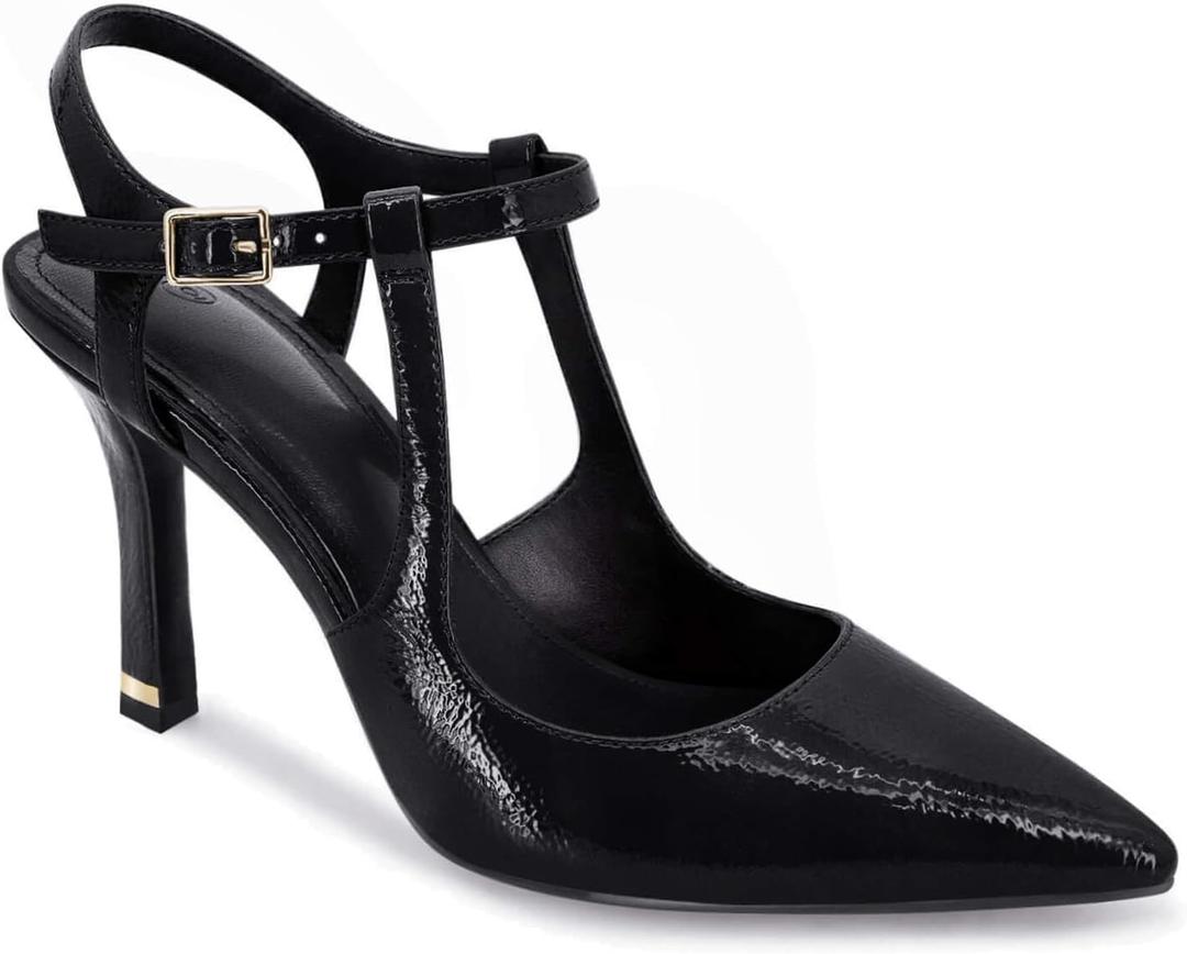 Coutgo Womens High Heels Pointed Toe Ankle Strap Pumps Patent Leather Sexy Stiletto Office Wedding Dress Shoes, Black, Size 8