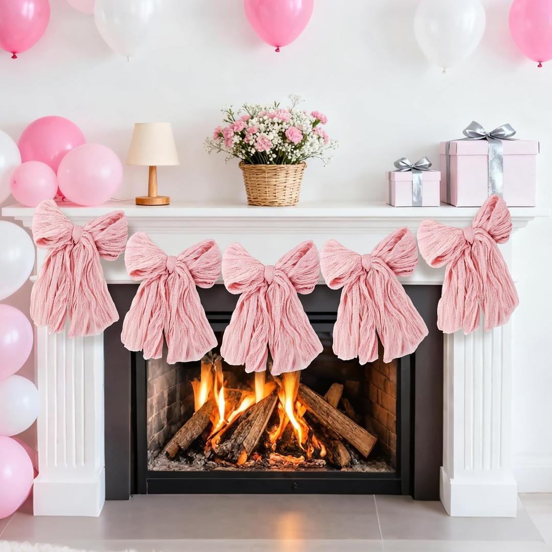 1Pcs Pink Bow Garland Banner for Coquette Birthday Decorations, 5Ft Pre-Strung Bow Swirl Garland, Hanging Bow Decoration for Girls, Baby Shower, Table Decor, Wedding, Bachelorette, Bridal Shower