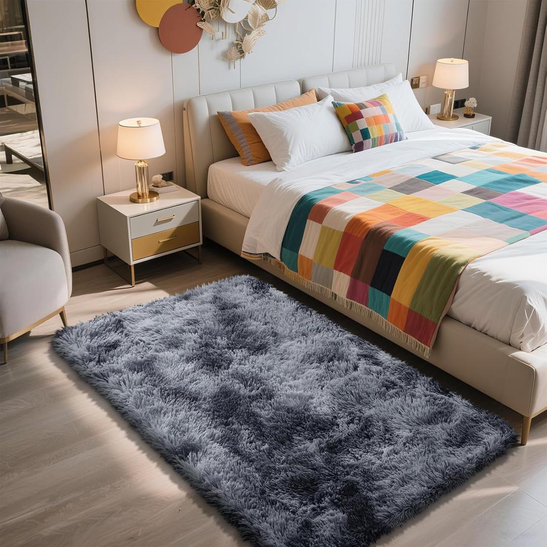 Shag Area Rug for Bedroom 3x5,Tie-Dyed Black Fluffy Area Rugs for Living Room,Soft Fuzzy Rug Non-Shedding Indoor Plush Carpet for Kids Bedroom Nursery Dorm Home Decor