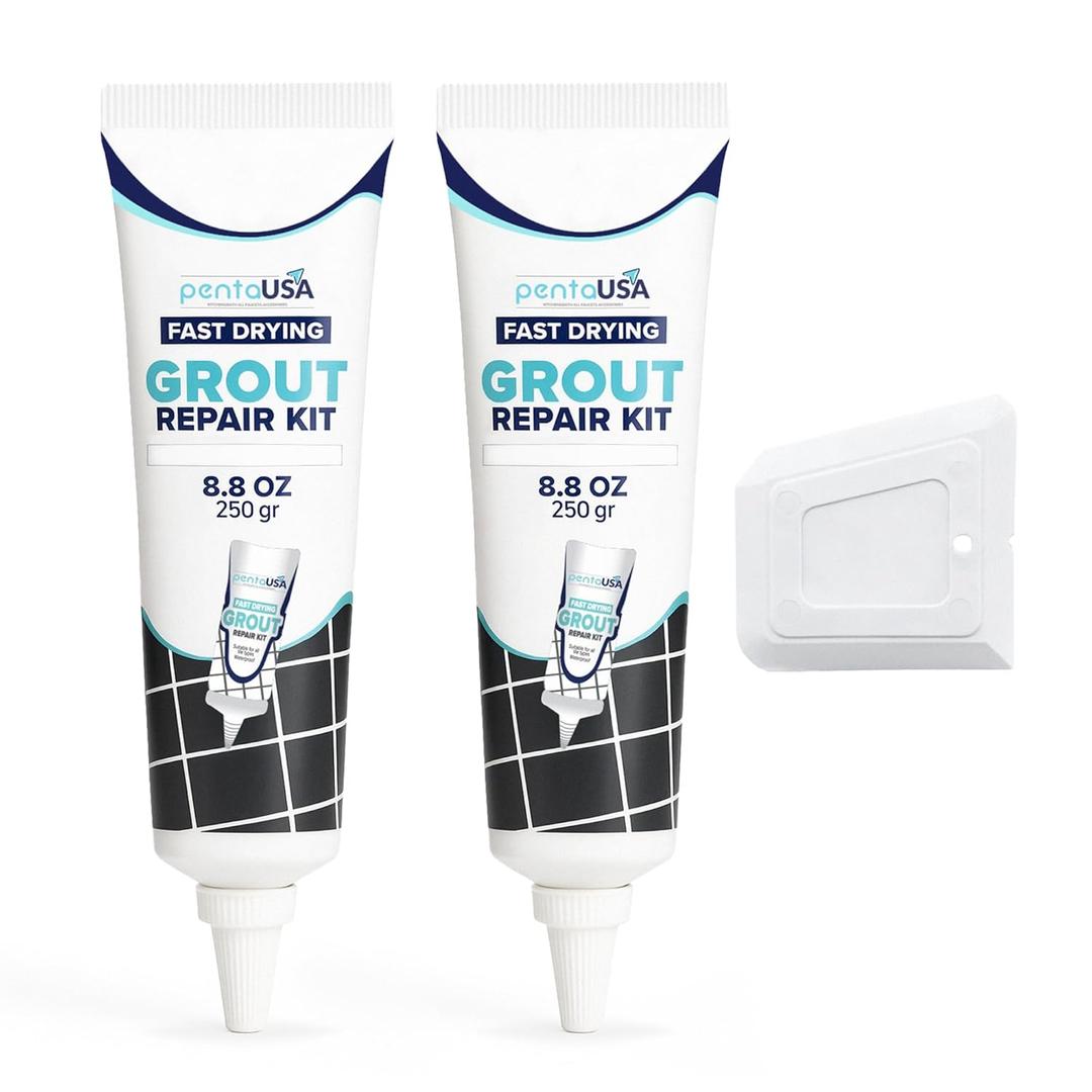 PentaUSA Grout - Premixed Grout Repair Set, 8.8 oz, 2 Pack Tile Grout Tubes, Repairs and Renews Tile Grout in Bathroom and Kitchen, Odorless and Safe Formula - 2 Pack (White)