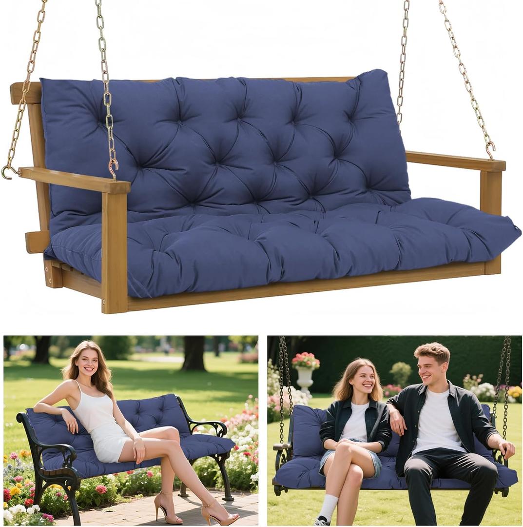 Porch Swing Cushions 60x40 Inch, 5" Extra Thick Waterproof Outdoor Swing Seat Cushion with Backrest & 8 Non-Slip Ties PP Cotton + Memory Foam Fill, Fade-Resistant 3-Seater Replacement for Patio Bench, 60x40x5inch