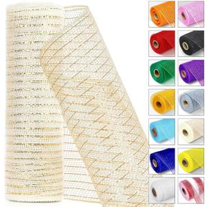 Ivory & Gold Metallic Deco Mesh Ribbon  10" x 10 Yards Roll for Wreaths, Crafts, Christmas & Halloween  Sparkly Decorative Mesh for Holiday DIY, Gift Wrapping & Party Decor (1 Roll)