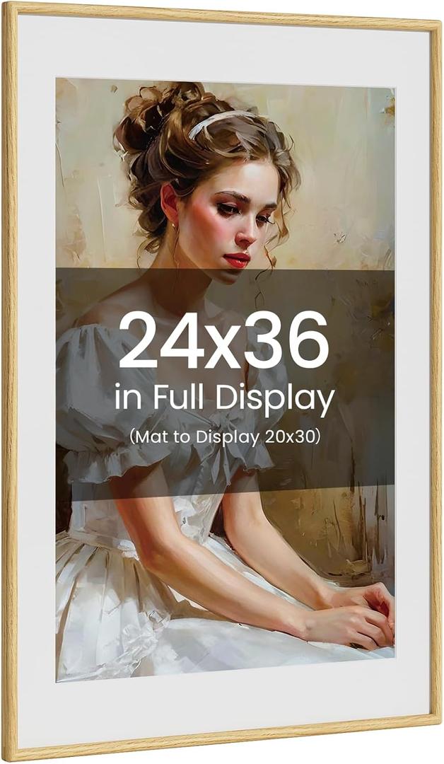 24x36 Picture Frame Natural Oak Wood From California-USA with Real Tempered Glass, Handcrafted 24x36 Photo Frame Matted to 20x30 Wedding Photo,Family Picture,Graduation Picture Display on Table & Wall