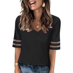 Women's V Neck T Shirts Mesh Panel Short Sleeve Tops Casual Summer Tees (Large, Black)