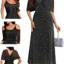 BeryLove Women Sequin Formal Party Dress Sparkly Cocktail Evening Prom Gown Wedding Guest Dresses with Shawl 0033 Black L