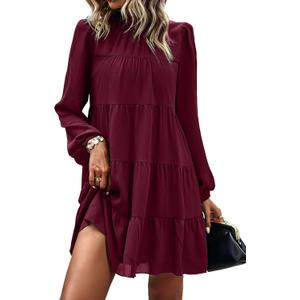 KIRUNDO Long Sleeve Baby Doll Dresses Women 2026 Casual Spring Summer Ruffle Mock Neck Tiered Mini Flowy Swing Shift Dress (Large)