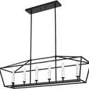 BONLICHT Modern Farmhouse Rectangle Dining Room Light Fixtures Black 6 Light Linear Chandelier Industrial White Kitchen Island Pendant Lighting Classic Ceiling Lights with Adjustable Rods, E12 Base