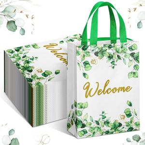 Sweetude 50 Pcs 12 x 9 x 4 Inches Welcome Bags Gift for Wedding Guests Bulk, Reusable Non Woven Eucalyptus Green Welcome Tote Bags with Handles for Engagement Bridal Shower Birthday Party