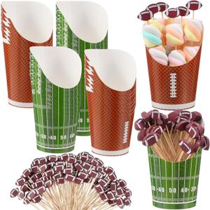 300 Pcs Football Charcuterie Cups Rugby Paper Appetizer Cups with Football Cocktail Picks Disposable Party Snack Bowls with Sticks French Fries Holder for Sports Events
